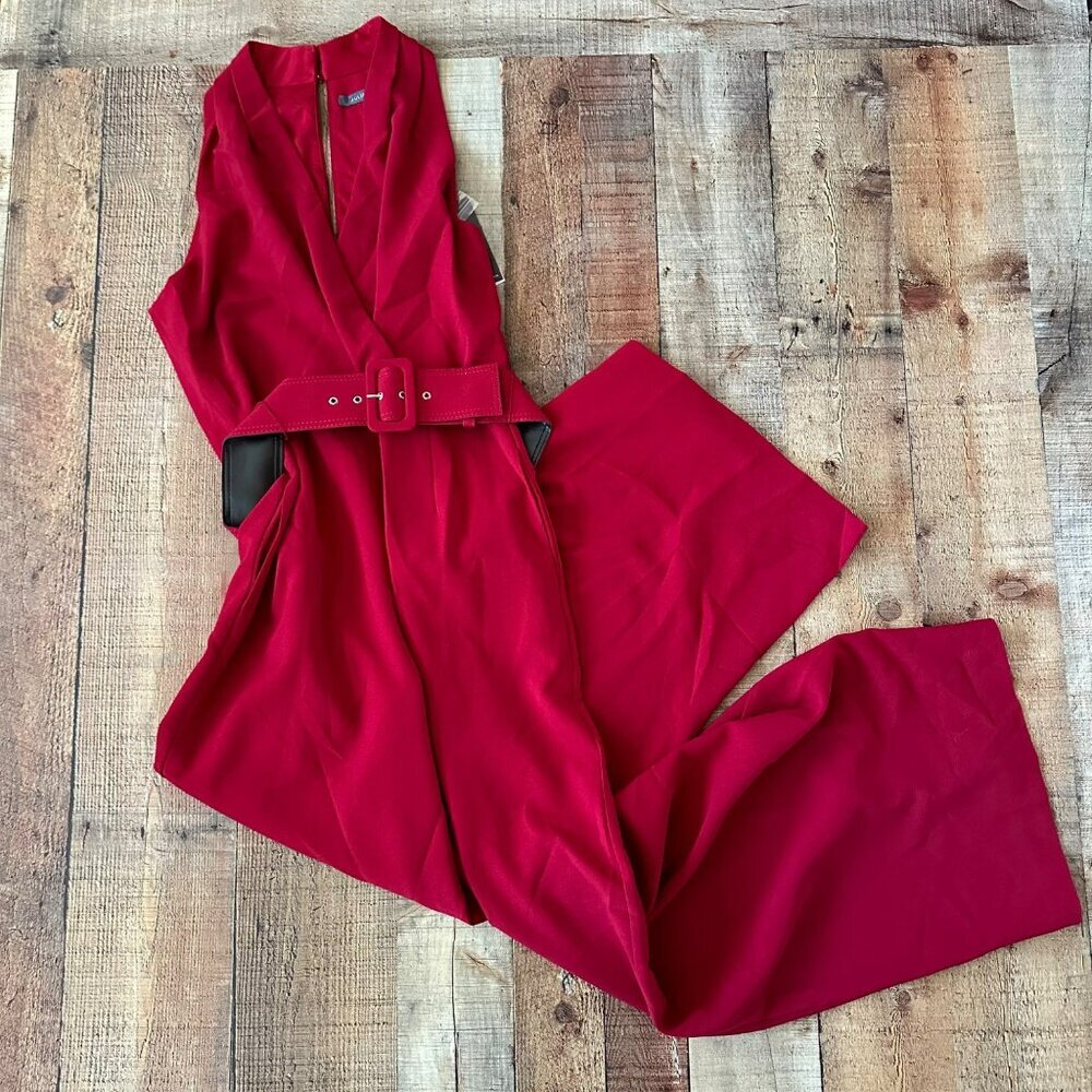 Red Julia Jordan Sleeveless Belted Jumpsuit With Wide Legs & Pockets